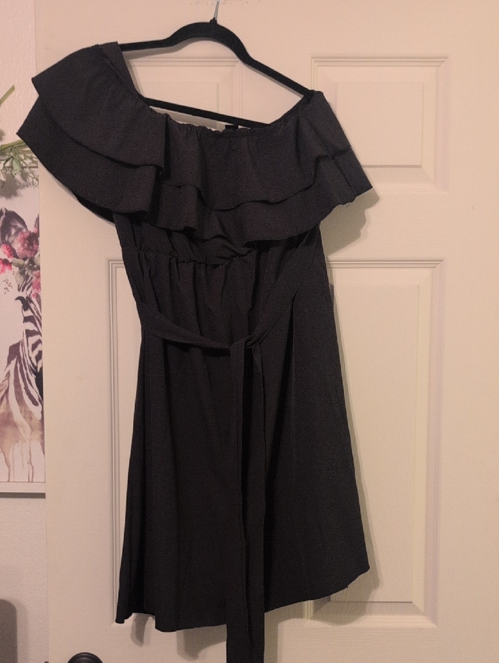 Off-Shoulder Ruffle Black Dress with Tie Waist
